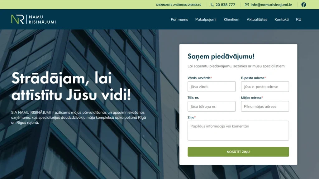 Uzņēmuma “Namu Risinājumi” mājaslapa