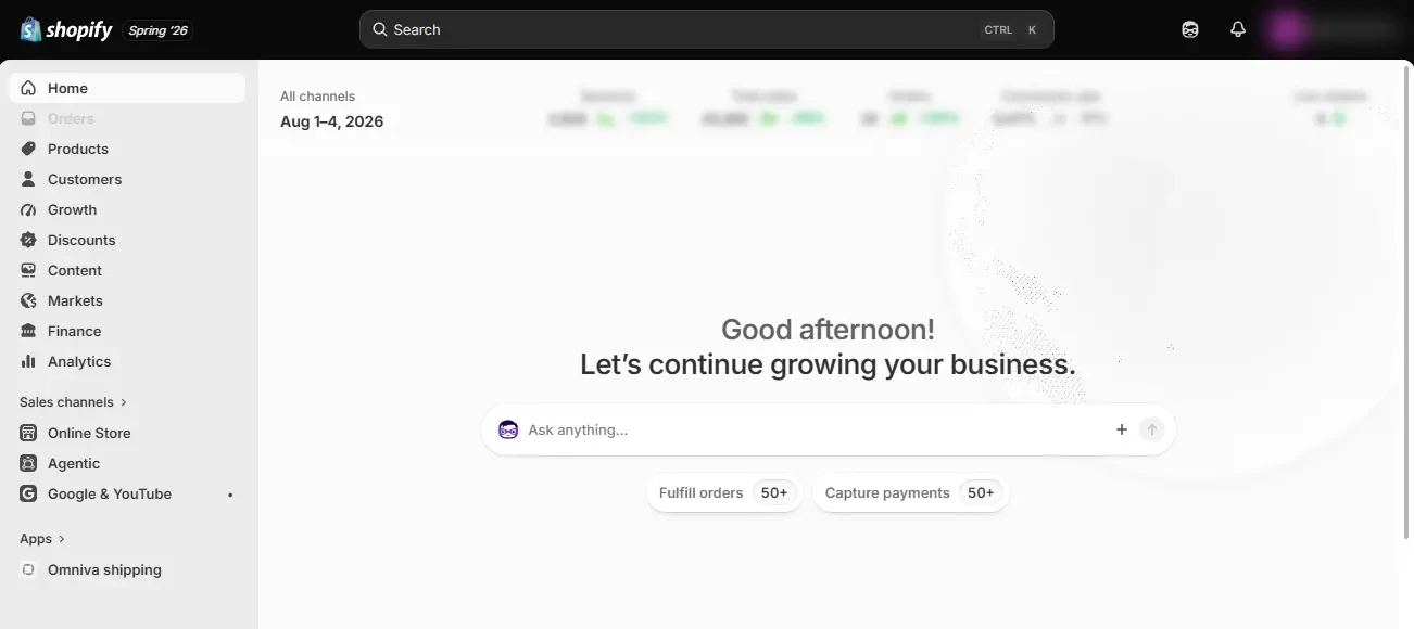 Shopify administrācijas panelis